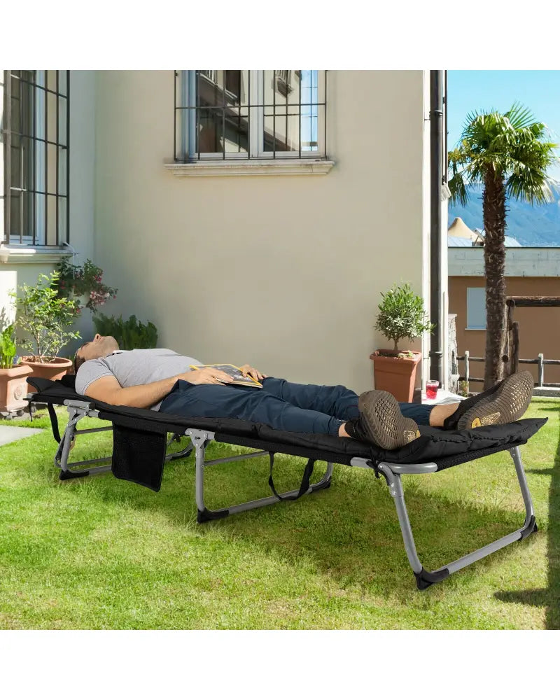 4-Fold Oversize Padded Folding Lounge Chair with Removable Soft Mattress-Black - Black - Outdoor Chaise Lounges