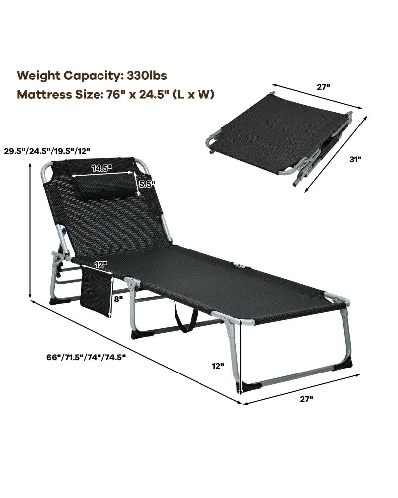 4-Fold Oversize Padded Folding Lounge Chair with Removable Soft Mattress-Black - Black - Outdoor Chaise Lounges