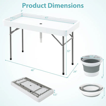 4 Foot Ice Cooler Folding Table Portable Ice Bin Table with Large Sink-White - White - Camping Furniture