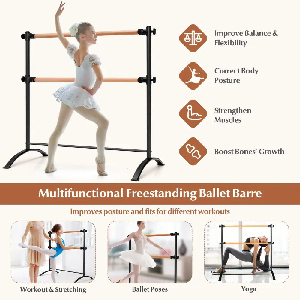 4 Foot Portable Freestanding Double Ballet Barre-Black - Black - Sport Equipments