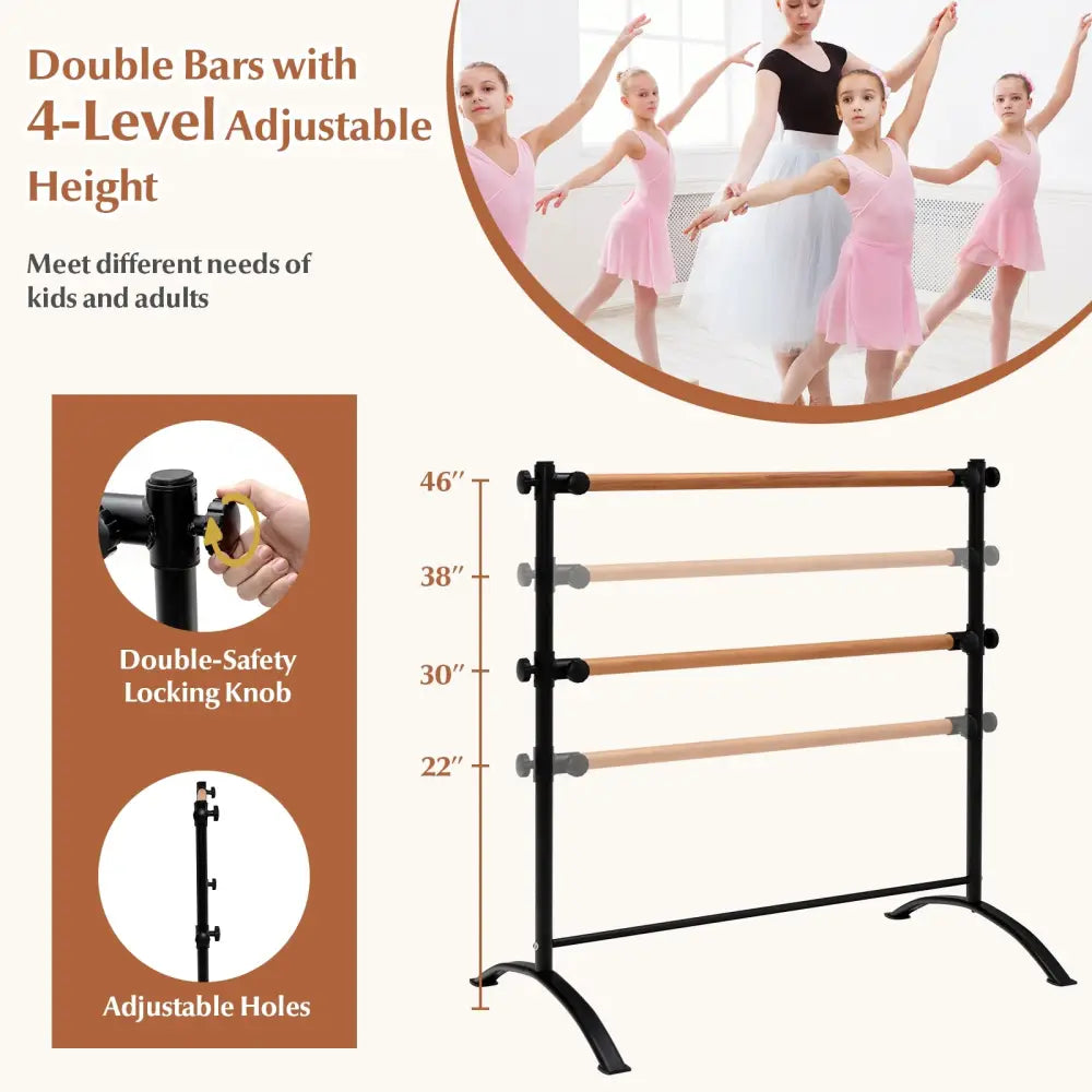 4 Foot Portable Freestanding Double Ballet Barre-Black - Black - Sport Equipments
