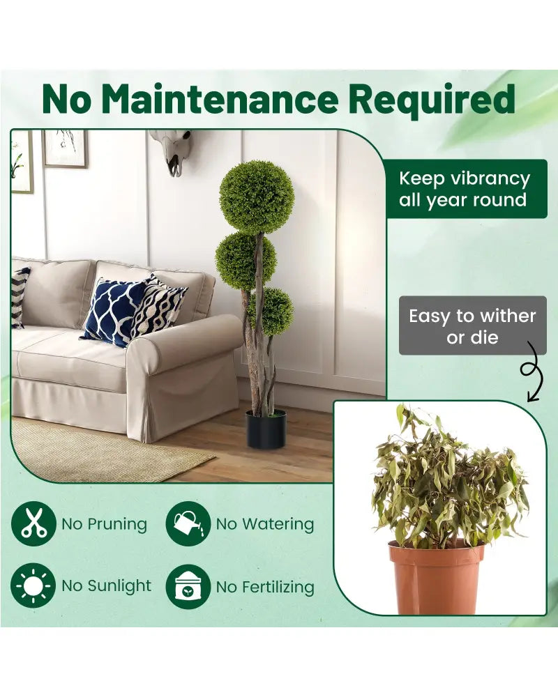 4 FT Artificial Boxwood Topiary Ball Tree in Weighted Pot with Triple Ball - Green - Faux Plants
