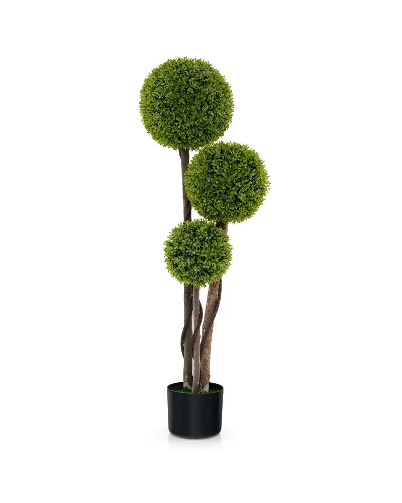 4 FT Artificial Boxwood Topiary Ball Tree in Weighted Pot with Triple Ball - Green - Faux Plants