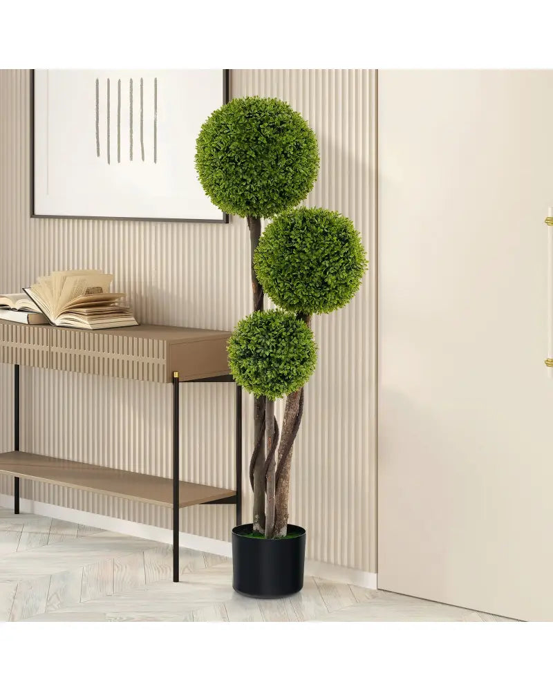 4 FT Artificial Boxwood Topiary Ball Tree in Weighted Pot with Triple Ball - Green - Faux Plants
