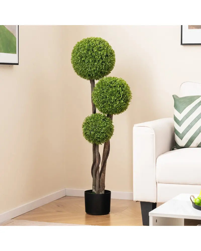 4 FT Artificial Boxwood Topiary Ball Tree in Weighted Pot with Triple Ball - Green - Faux Plants
