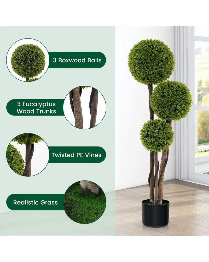4 FT Artificial Boxwood Topiary Ball Tree in Weighted Pot with Triple Ball - Green - Faux Plants