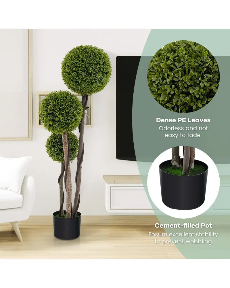 4 FT Artificial Boxwood Topiary Ball Tree in Weighted Pot with Triple Ball - Green - Faux Plants