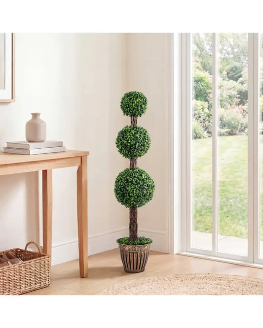 4 FT Artificial Triple Ball Boxwood Tree with Cement-filled Retro Planter-Green - Green - Faux Plants