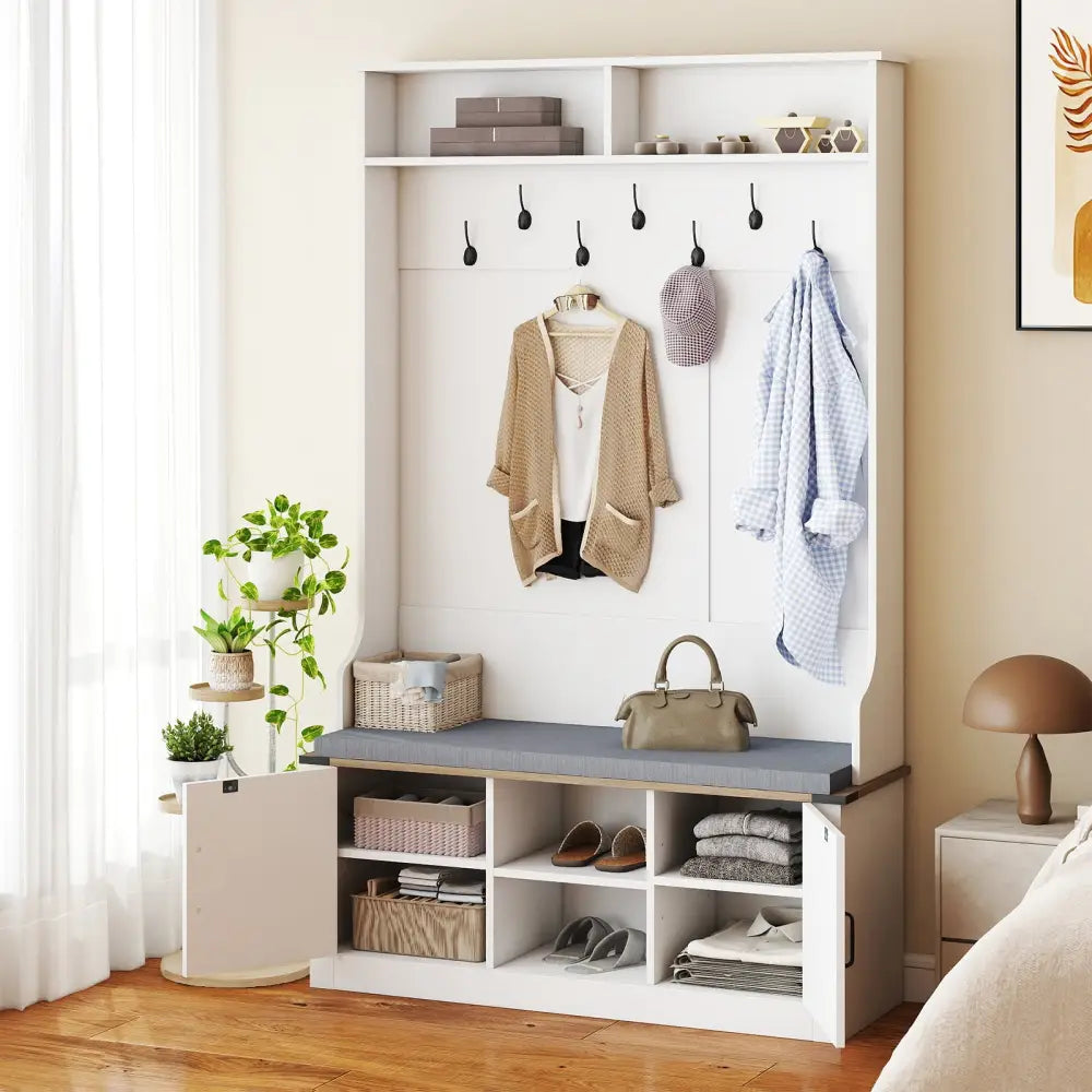 4-in-1 68.5 Inch Tall Coat Rack with Cushioned Bench and Shoe Storage-White - White - Coat Racks & Hall Trees