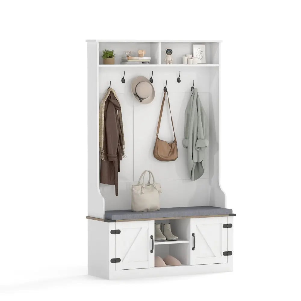 4-in-1 68.5 Inch Tall Coat Rack with Cushioned Bench and Shoe Storage-White - White - Coat Racks & Hall Trees