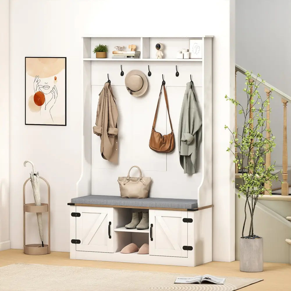 4-in-1 68.5 Inch Tall Coat Rack with Cushioned Bench and Shoe Storage-White - White - Coat Racks & Hall Trees