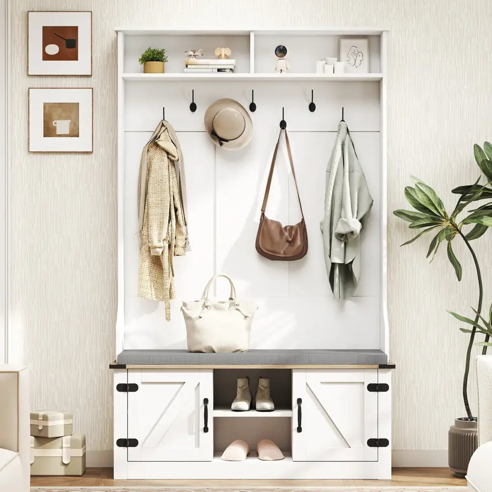 4-in-1 68.5 Inch Tall Coat Rack with Cushioned Bench and Shoe Storage-White - White - Coat Racks & Hall Trees