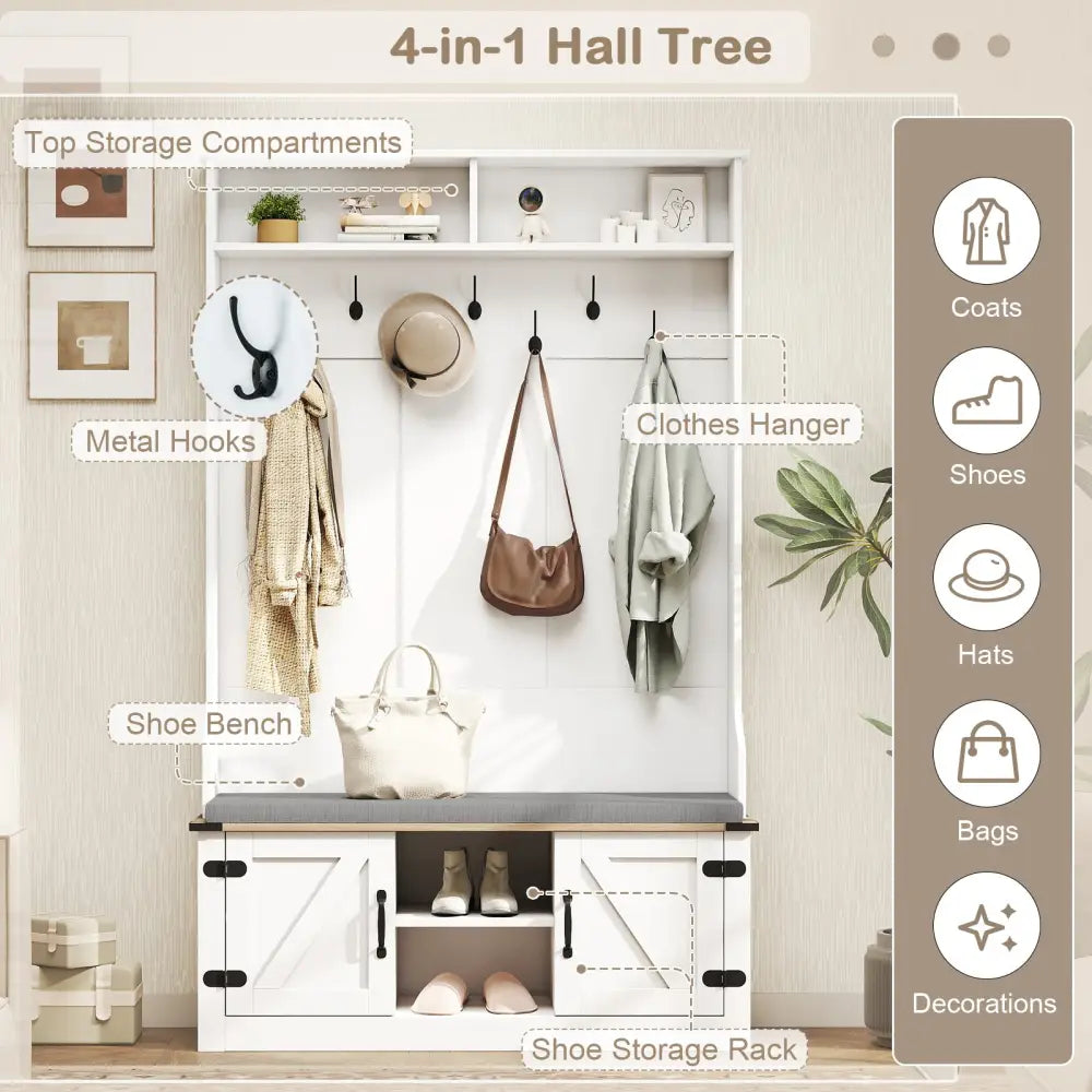 4-in-1 68.5 Inch Tall Coat Rack with Cushioned Bench and Shoe Storage-White - White - Coat Racks & Hall Trees