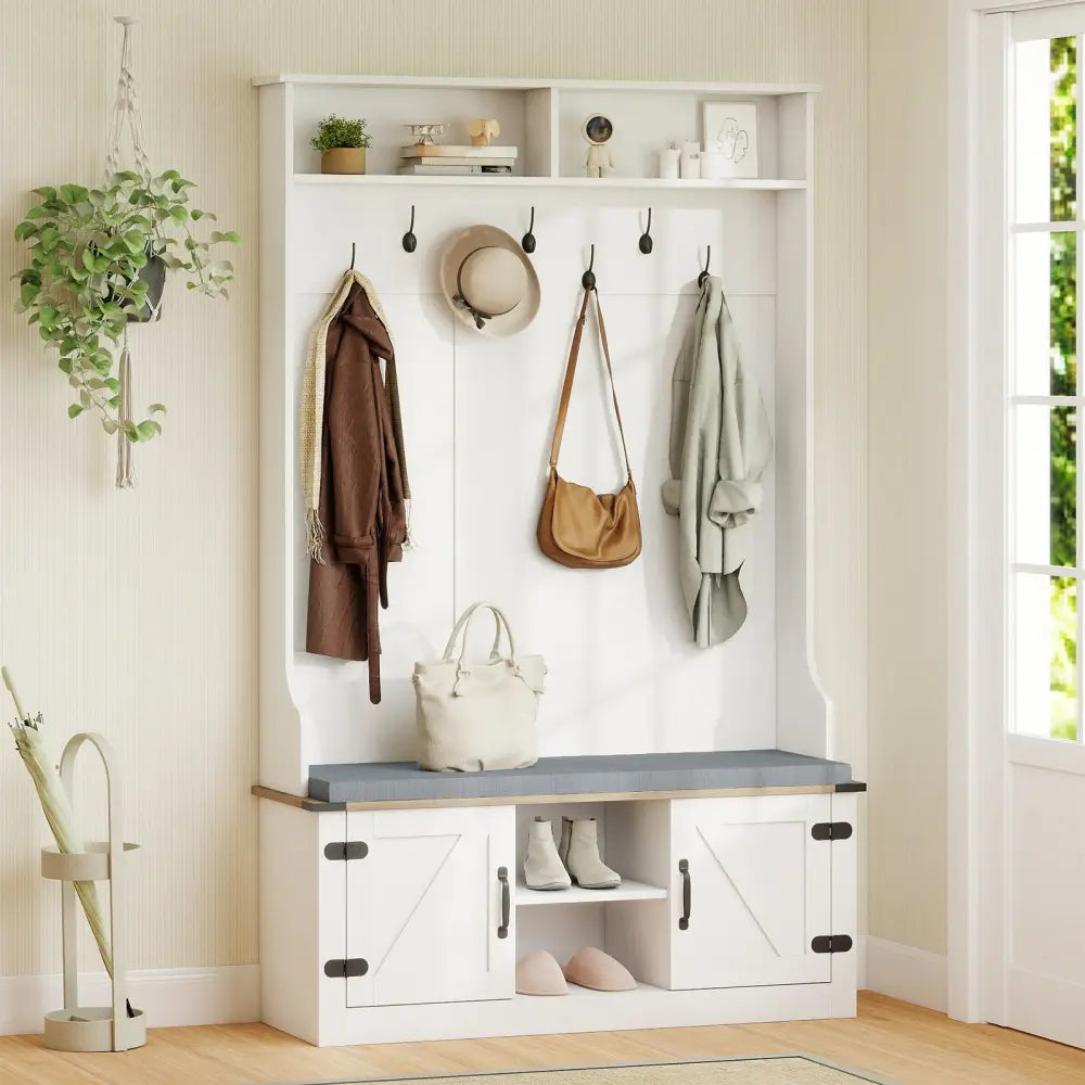 4-in-1 68.5 Inch Tall Coat Rack with Cushioned Bench and Shoe Storage-White - White - Coat Racks & Hall Trees