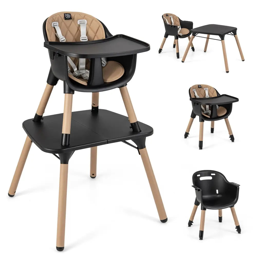 4-in-1 Baby Convertible Toddler Table Chair Set with PU Cushion-Brown - Brown - High Chairs