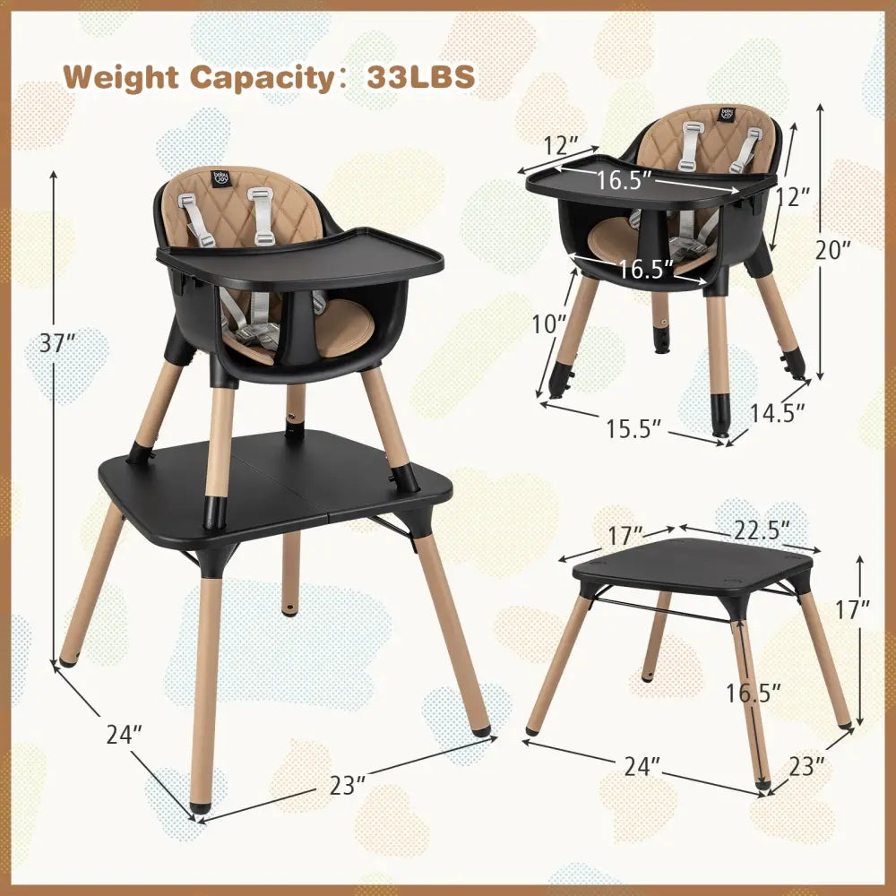 4-in-1 Baby Convertible Toddler Table Chair Set with PU Cushion-Brown - Brown - High Chairs