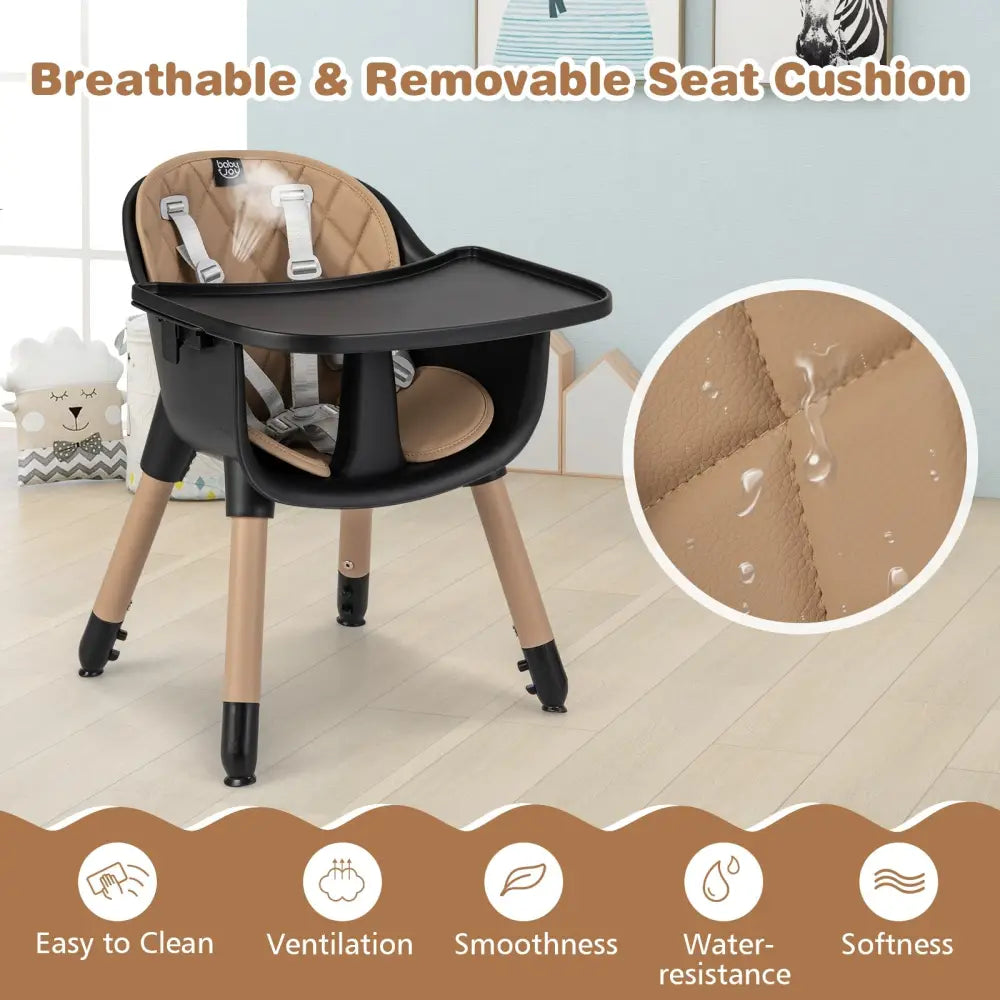 4-in-1 Baby Convertible Toddler Table Chair Set with PU Cushion-Brown - Brown - High Chairs