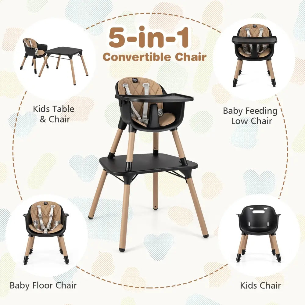 4-in-1 Baby Convertible Toddler Table Chair Set with PU Cushion-Brown - Brown - High Chairs