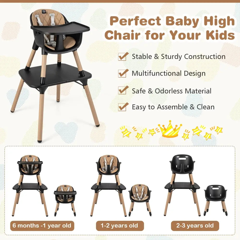 4-in-1 Baby Convertible Toddler Table Chair Set with PU Cushion-Brown - Brown - High Chairs