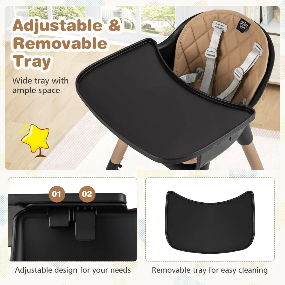 4-in-1 Baby Convertible Toddler Table Chair Set with PU Cushion-Brown - Brown - High Chairs