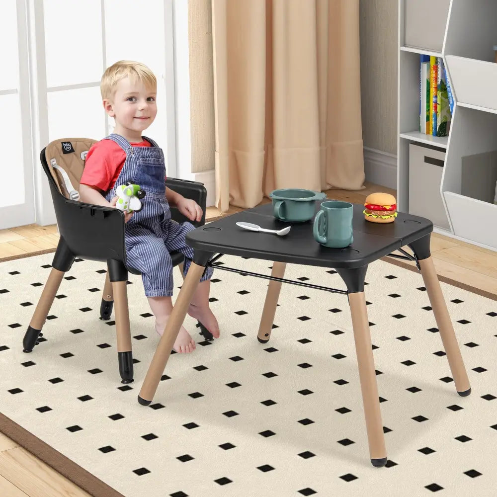 4-in-1 Baby Convertible Toddler Table Chair Set with PU Cushion-Brown - Brown - High Chairs