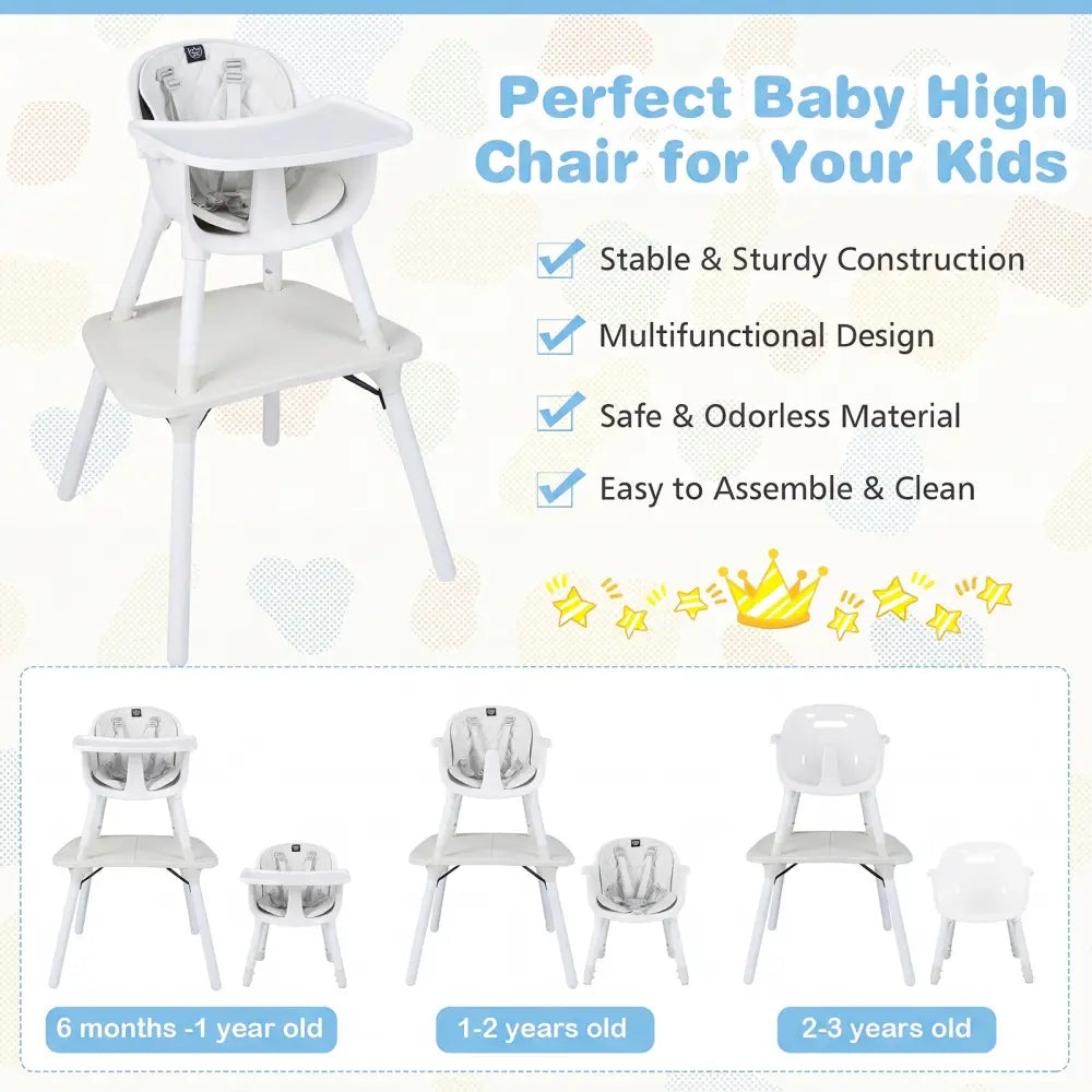 4-in-1 Baby Convertible Toddler Table Chair Set with PU Cushion-Cream - Cream White - High Chairs