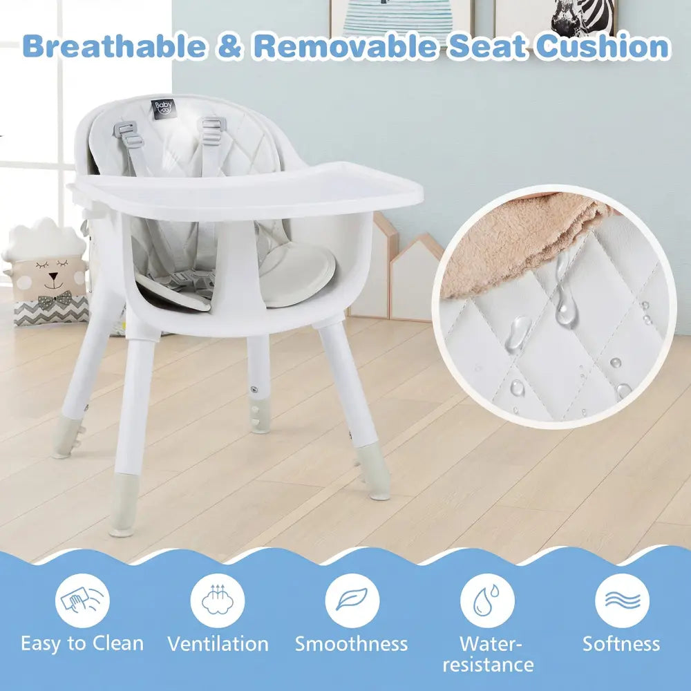 4-in-1 Baby Convertible Toddler Table Chair Set with PU Cushion-Cream - Cream White - High Chairs