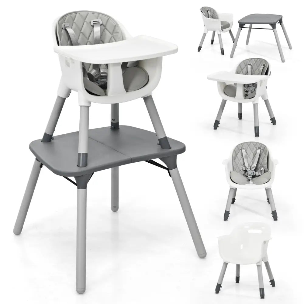 4-in-1 Baby Convertible Toddler Table Chair Set with PU Cushion-Gray - Gray - High Chairs