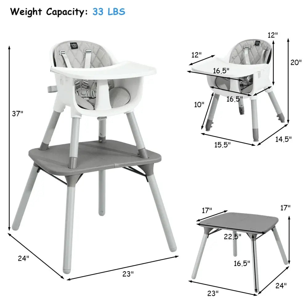 4-in-1 Baby Convertible Toddler Table Chair Set with PU Cushion-Gray - Gray - High Chairs