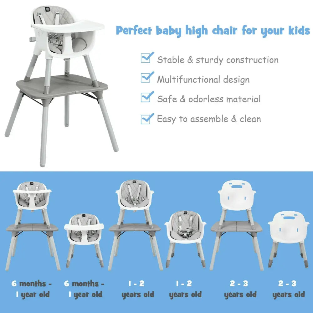 4-in-1 Baby Convertible Toddler Table Chair Set with PU Cushion-Gray - Gray - High Chairs