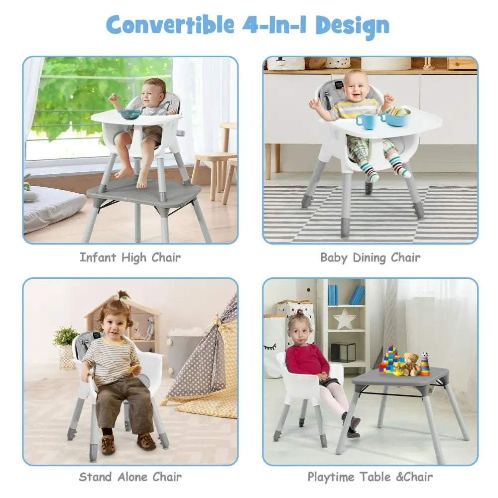 4-in-1 Baby Convertible Toddler Table Chair Set with PU Cushion-Gray - Gray - High Chairs
