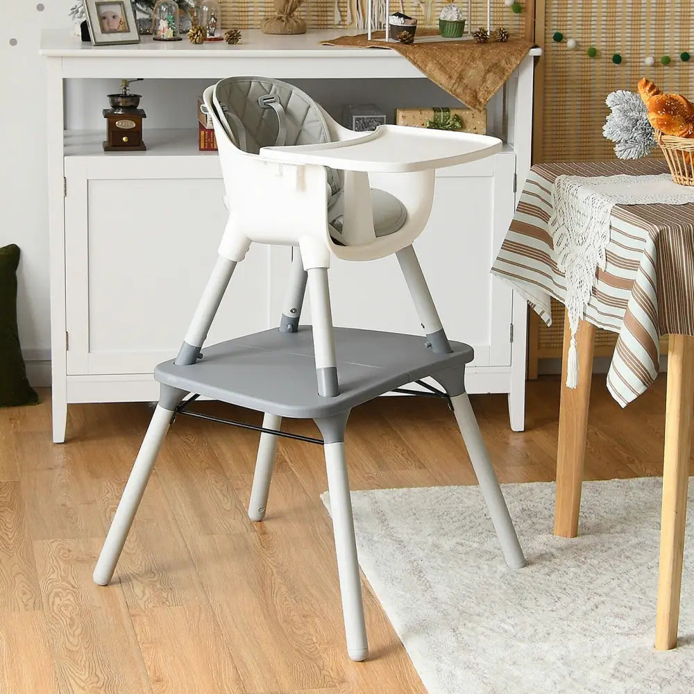 4-in-1 Baby Convertible Toddler Table Chair Set with PU Cushion-Gray - Gray - High Chairs