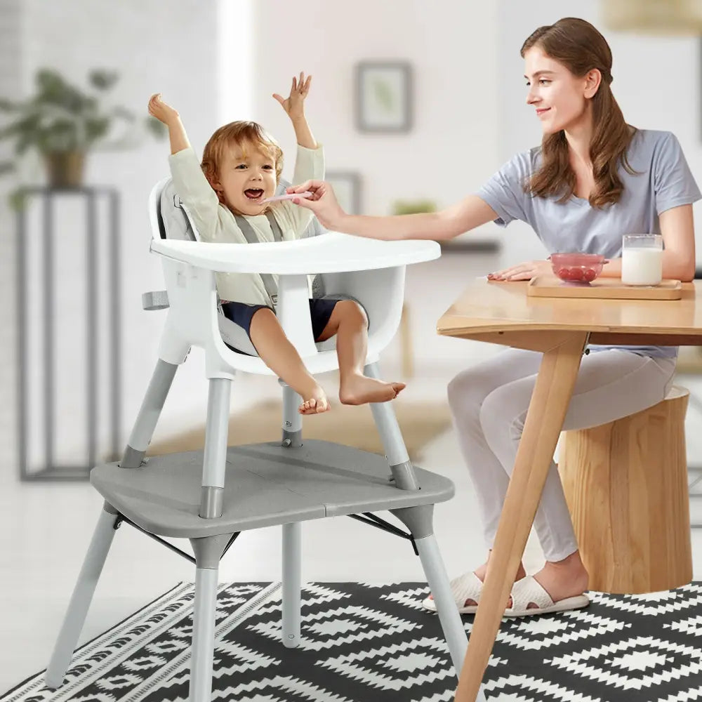 4-in-1 Baby Convertible Toddler Table Chair Set with PU Cushion-Gray - Gray - High Chairs