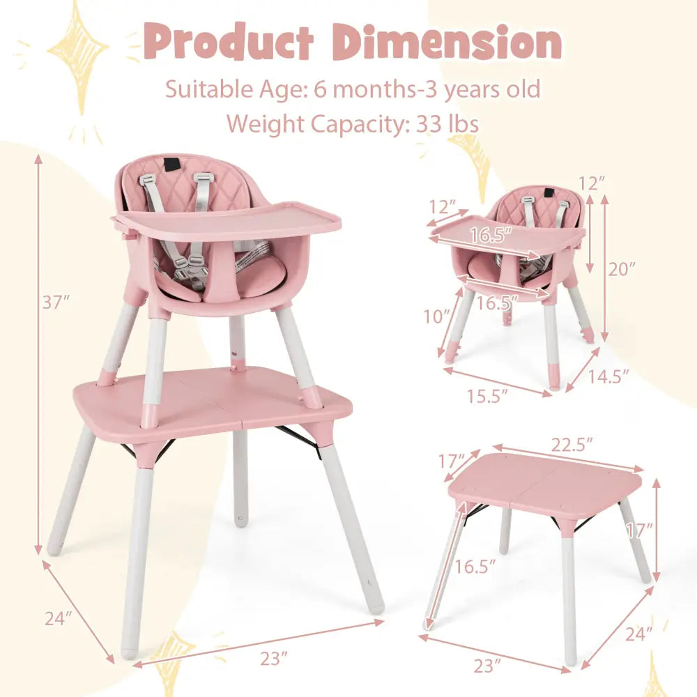 4-in-1 Baby Convertible Toddler Table Chair Set with PU Cushion-Pink - Pink - High Chairs