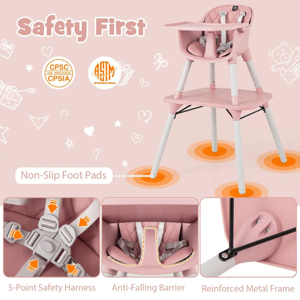 4-in-1 Baby Convertible Toddler Table Chair Set with PU Cushion-Pink - Pink - High Chairs
