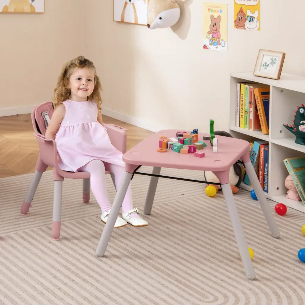 4-in-1 Baby Convertible Toddler Table Chair Set with PU Cushion-Pink - Pink - High Chairs