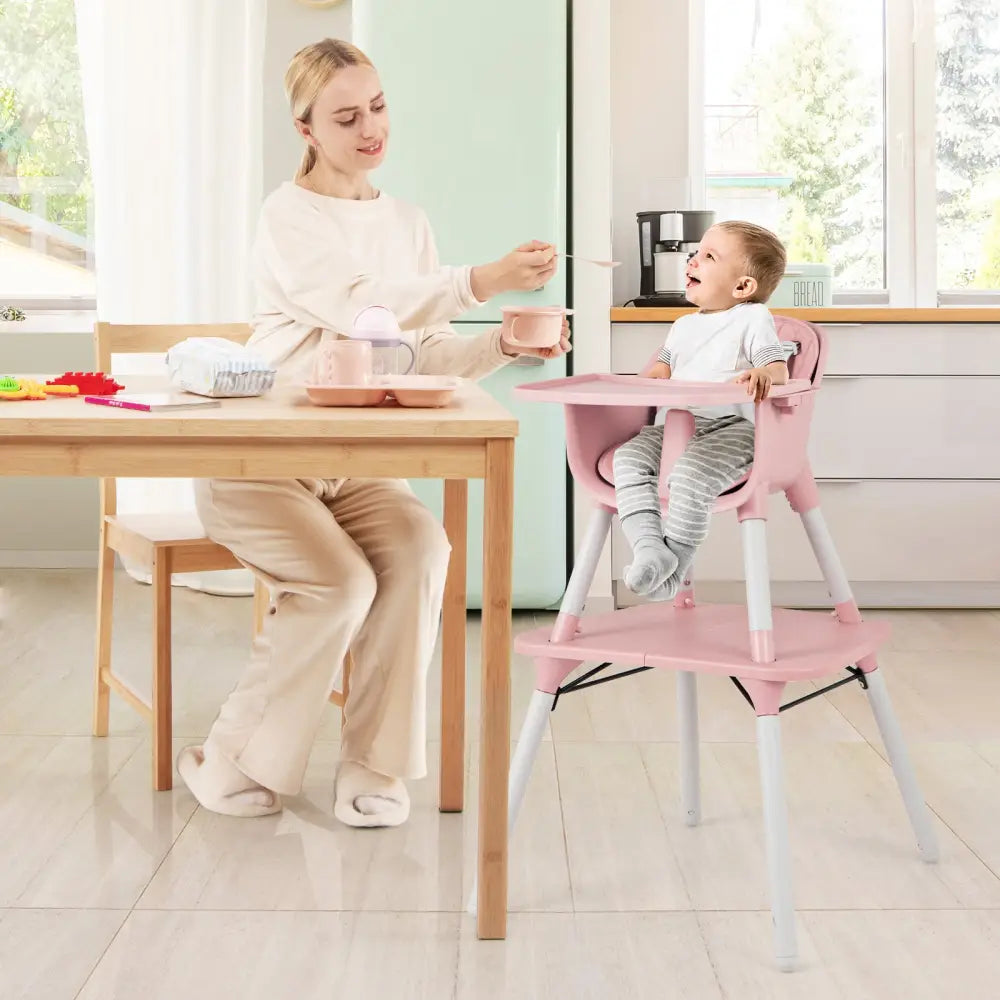 4-in-1 Baby Convertible Toddler Table Chair Set with PU Cushion-Pink - Pink - High Chairs