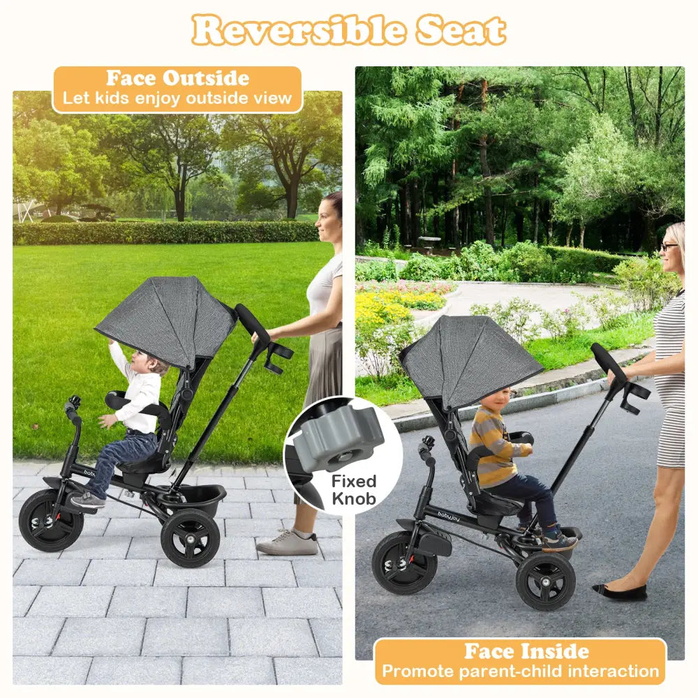 4-in-1 Baby Tricycle Toddler Trike with Reversible Seat and 5-Point Safety Harness-Gray - Gray - Baby Strollers