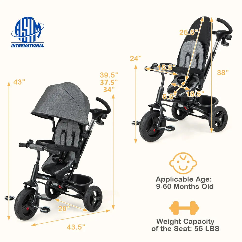 4-in-1 Baby Tricycle Toddler Trike with Reversible Seat and 5-Point Safety Harness-Gray - Gray - Baby Strollers