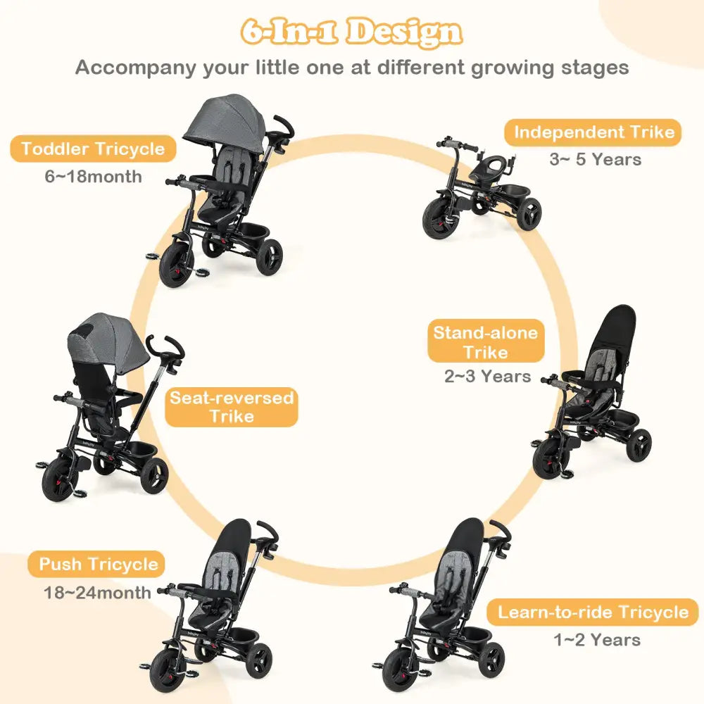 4-in-1 Baby Tricycle Toddler Trike with Reversible Seat and 5-Point Safety Harness-Gray - Gray - Baby Strollers