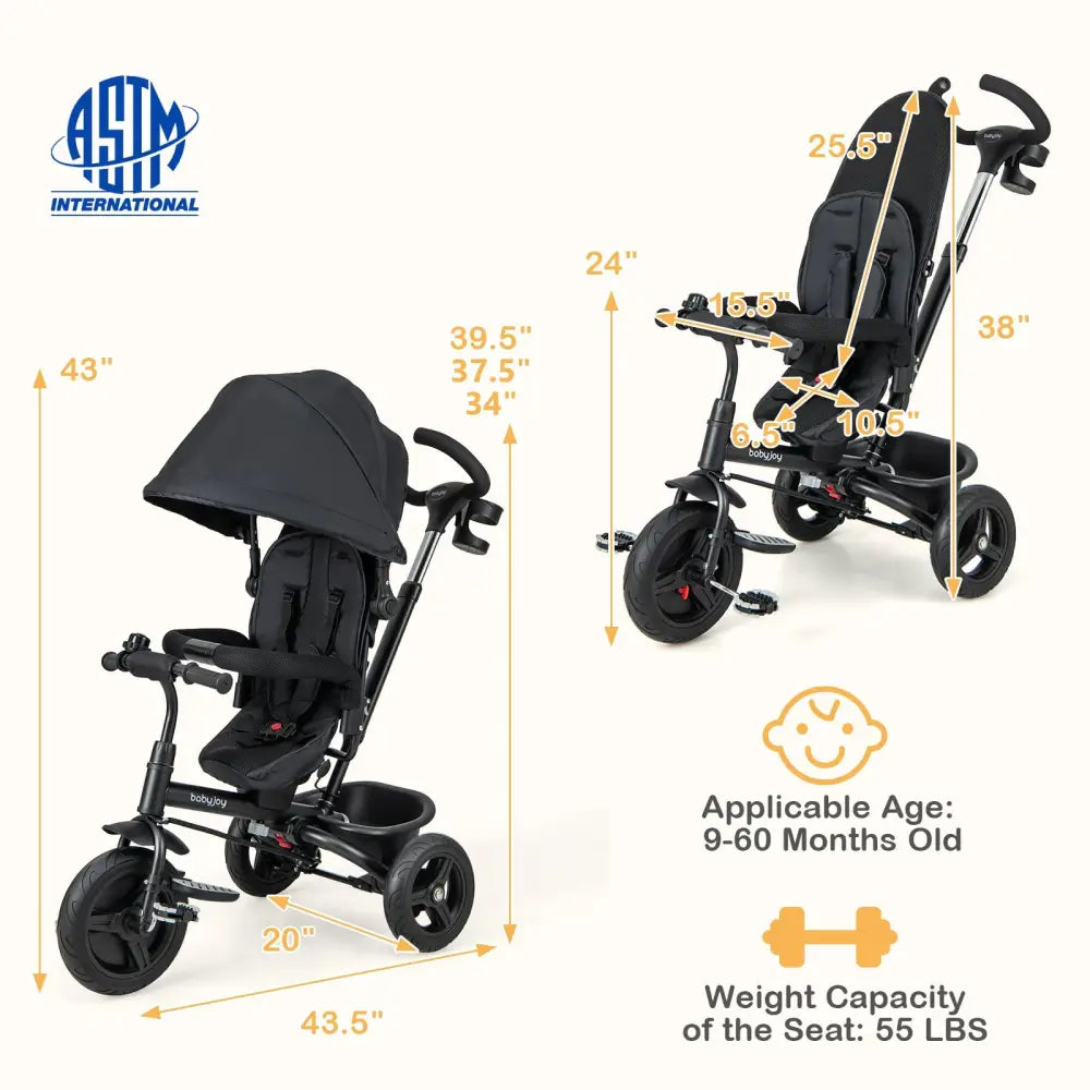 4-in-1 Baby Tricycle Toddler Trike with Reversible Seat and 5-Point Safety Harness-Black - Black - Baby Strollers