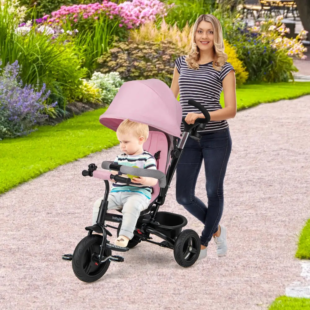 4-in-1 Baby Tricycle Toddler Trike with Reversible Seat and 5-Point Safety Harness-Pink - Pink - Baby Strollers