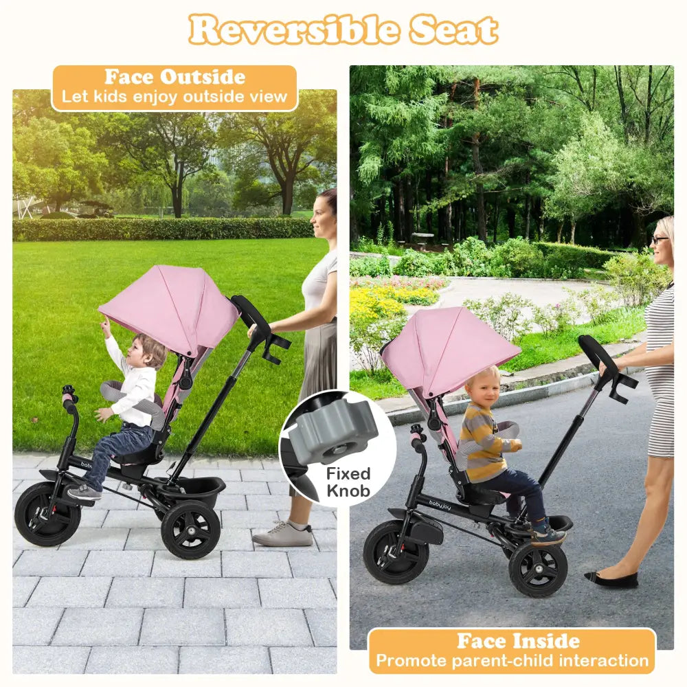 4-in-1 Baby Tricycle Toddler Trike with Reversible Seat and 5-Point Safety Harness-Pink - Pink - Baby Strollers