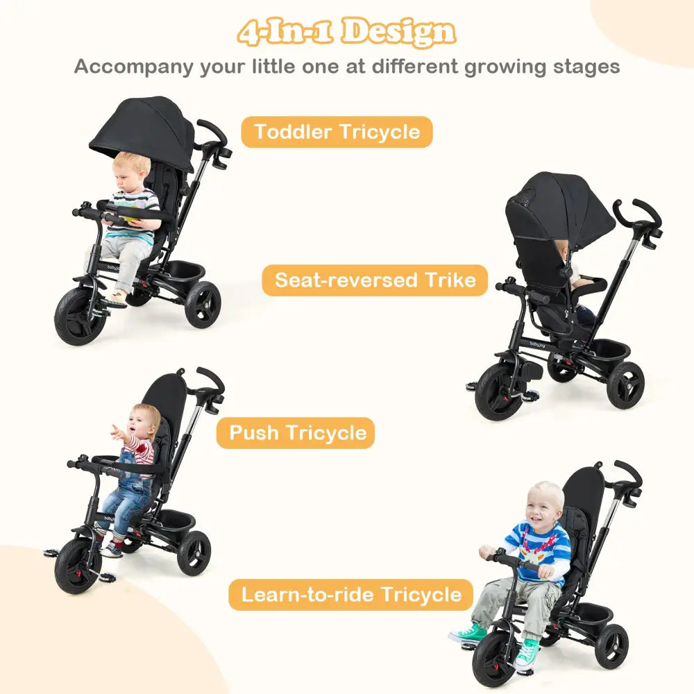 4-in-1 Baby Tricycle Toddler Trike with Reversible Seat and 5-Point Safety Harness-Black - Black - Baby Strollers