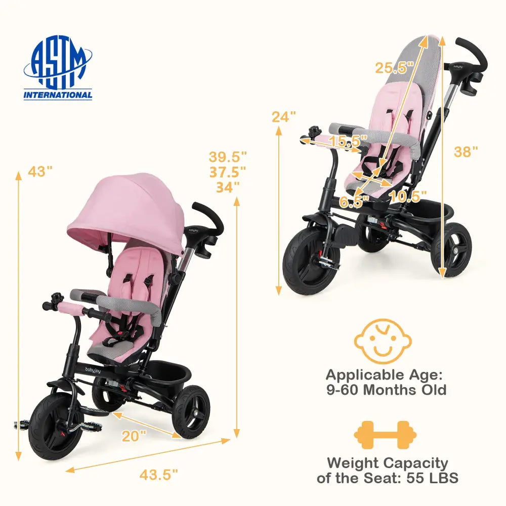 4-in-1 Baby Tricycle Toddler Trike with Reversible Seat and 5-Point Safety Harness-Pink - Pink - Baby Strollers