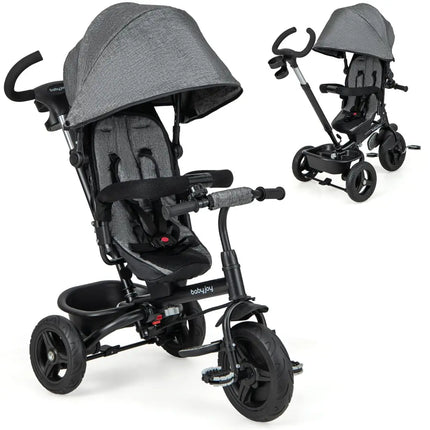 4-in-1 Baby Tricycle Toddler Trike with Reversible Seat and 5-Point Safety Harness-Gray - Gray - Baby Strollers