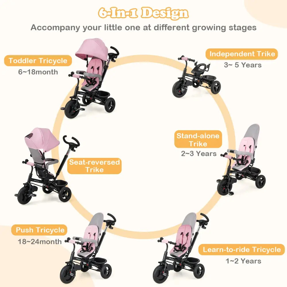 4-in-1 Baby Tricycle Toddler Trike with Reversible Seat and 5-Point Safety Harness-Pink - Pink - Baby Strollers