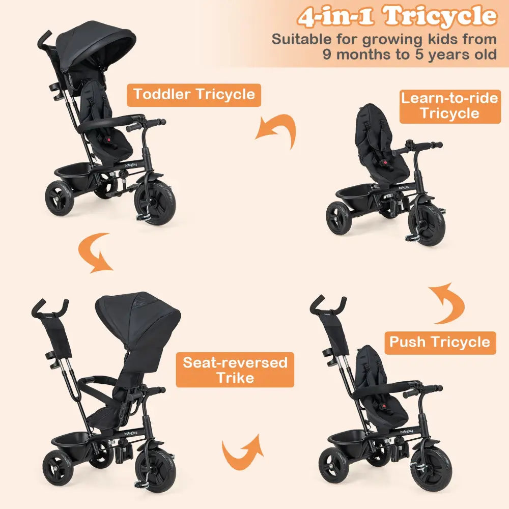 4-in-1 Baby Trike Kids Tricycle with Removable Canopy and Adjustable Push Handle-Grey - Gray - Baby Strollers