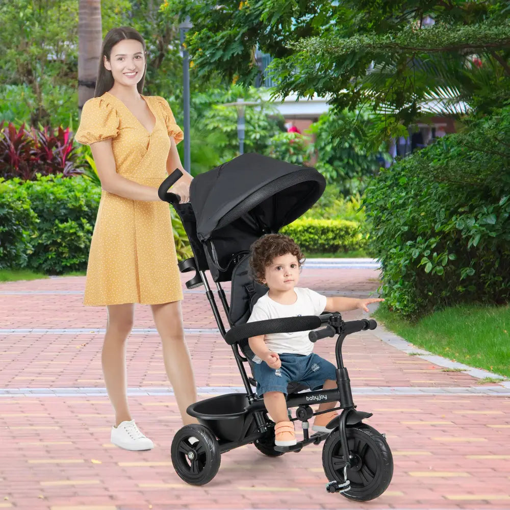 4-in-1 Baby Trike Kids Tricycle with Removable Canopy and Adjustable Push Handle-Grey - Gray - Baby Strollers