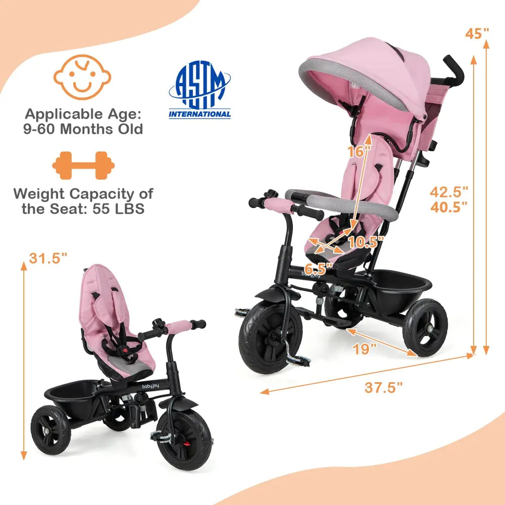 4-in-1 Baby Trike Kids Tricycle with Removable Canopy and Adjustable Push Handle-Pink - Pink - Baby Strollers